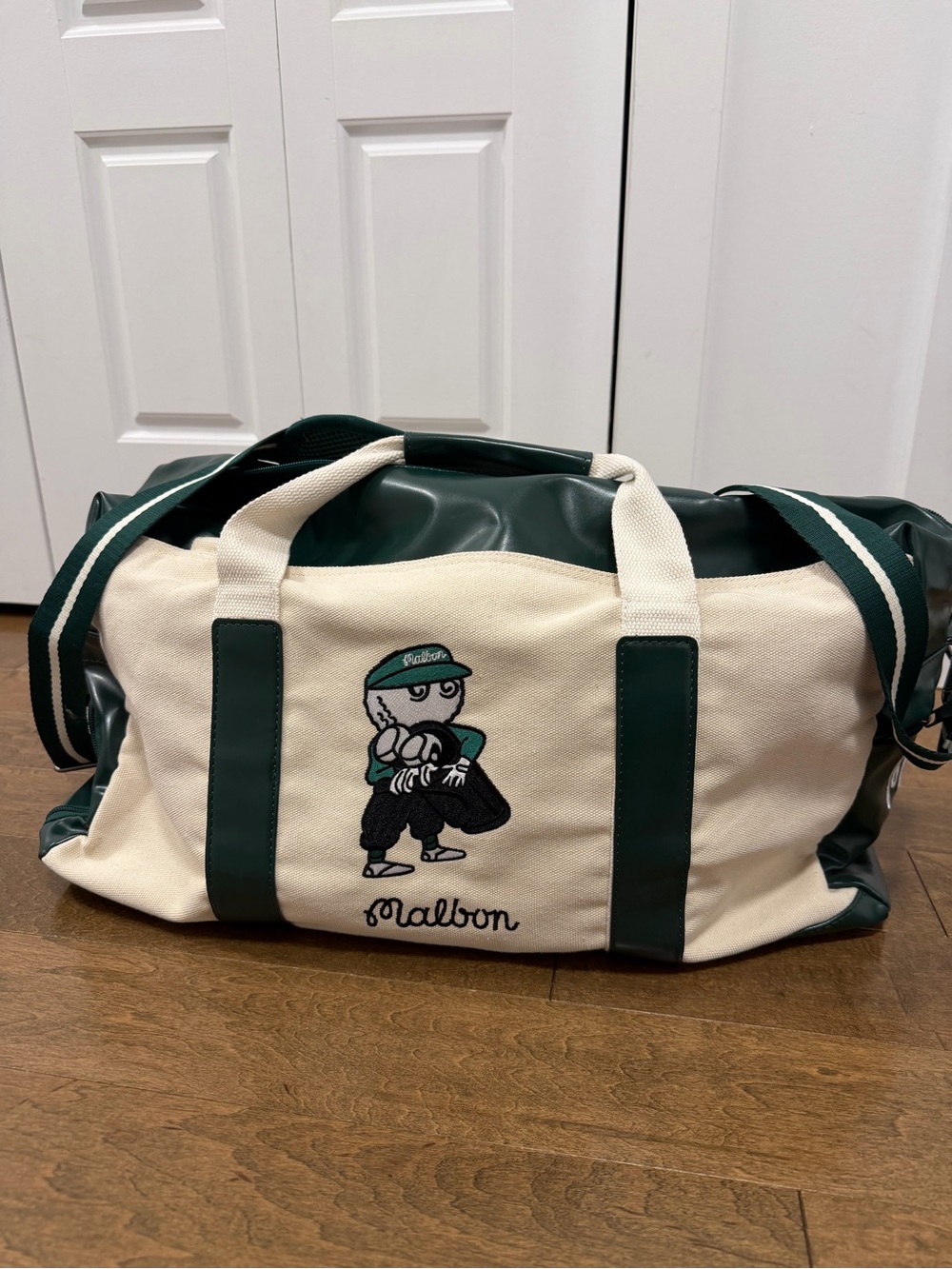 Malbon Canvas & Leather Duffel Bag in Cream and Dark Green